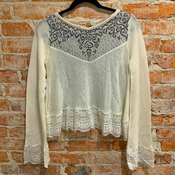 Free People Crop Wool Angora Alpaca Blend Sweater with Lace Trim NWT - Picture 5 of 8